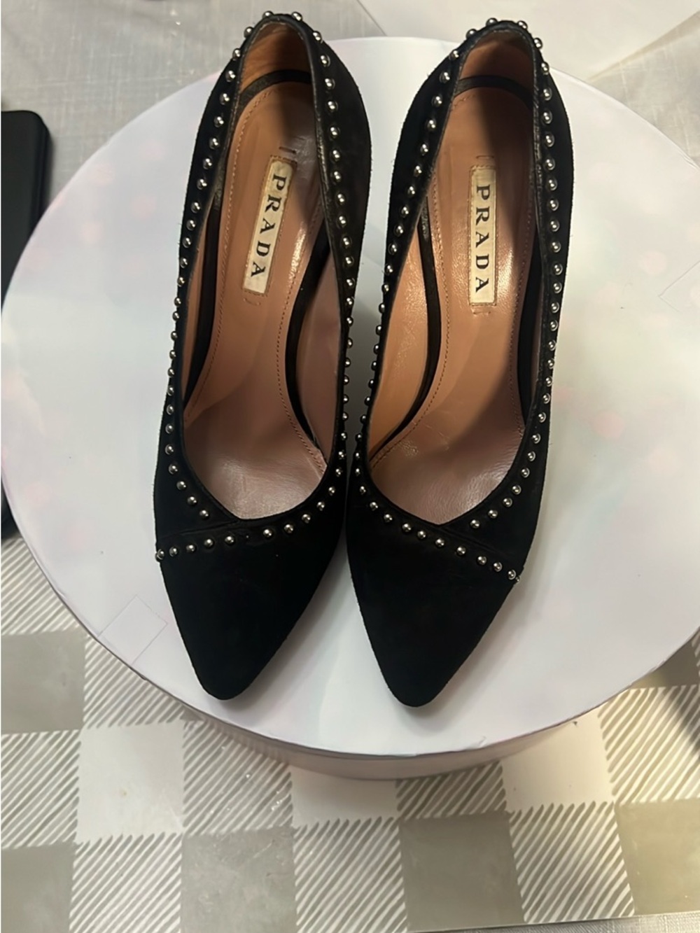 Prada Black Suede Pointed-Toe Studded Heels